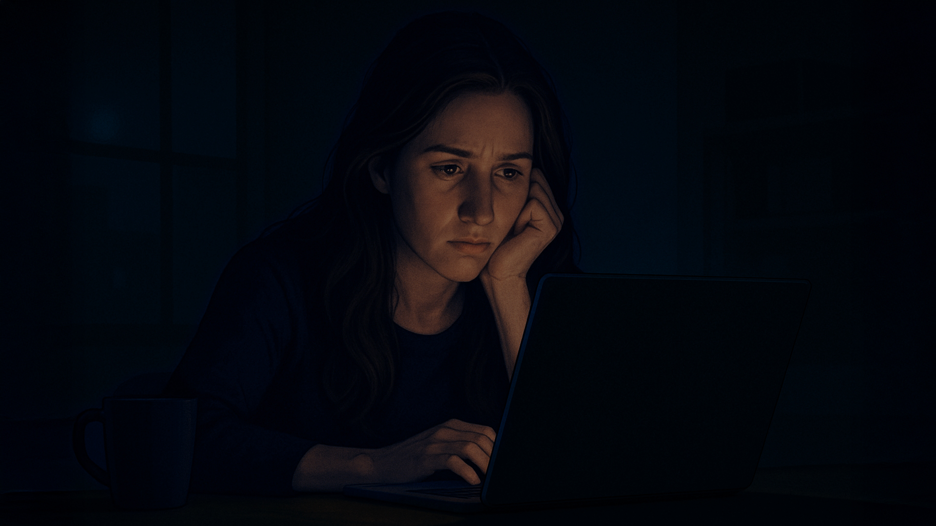 A semi-realistic digital illustration of a woman with long brown hair sitting at a desk in a dark room at night. The soft glow from her laptop screen illuminates her thoughtful, mildly frustrated expression, while the rest of the room fades into shadow. A coffee mug sits on the desk beside her.