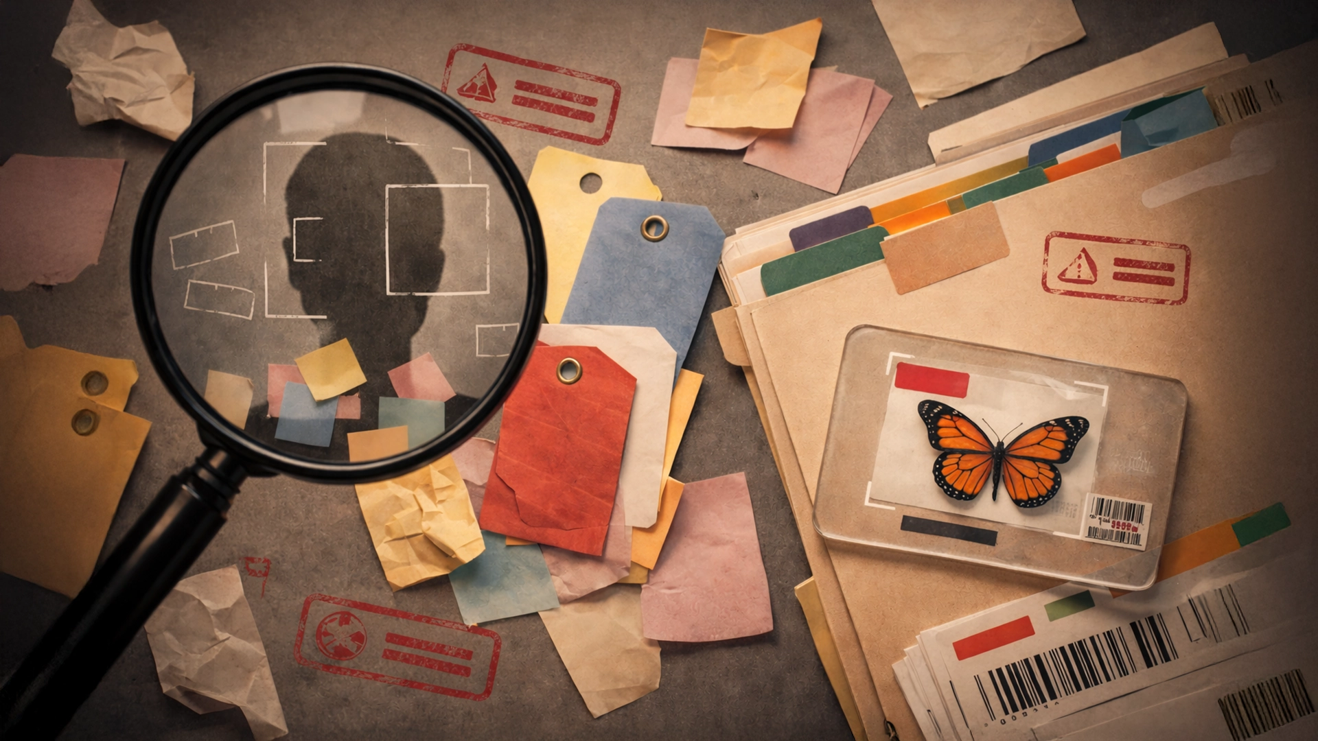 Magnifying glass examining a human silhouette among paper files, labels, and folders, with a preserved monarch butterfly specimen, symbolizing investigation, identity analysis, and classified information.