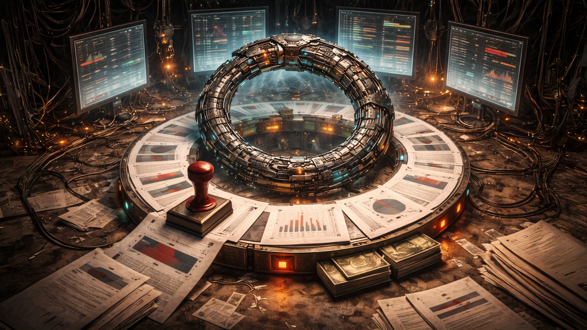 A glowing mechanical ring processing conflicting data reports, surrounded by monitors and financial documents, symbolizing heuristic enforcement mismatch and self-justifying algorithmic logic.