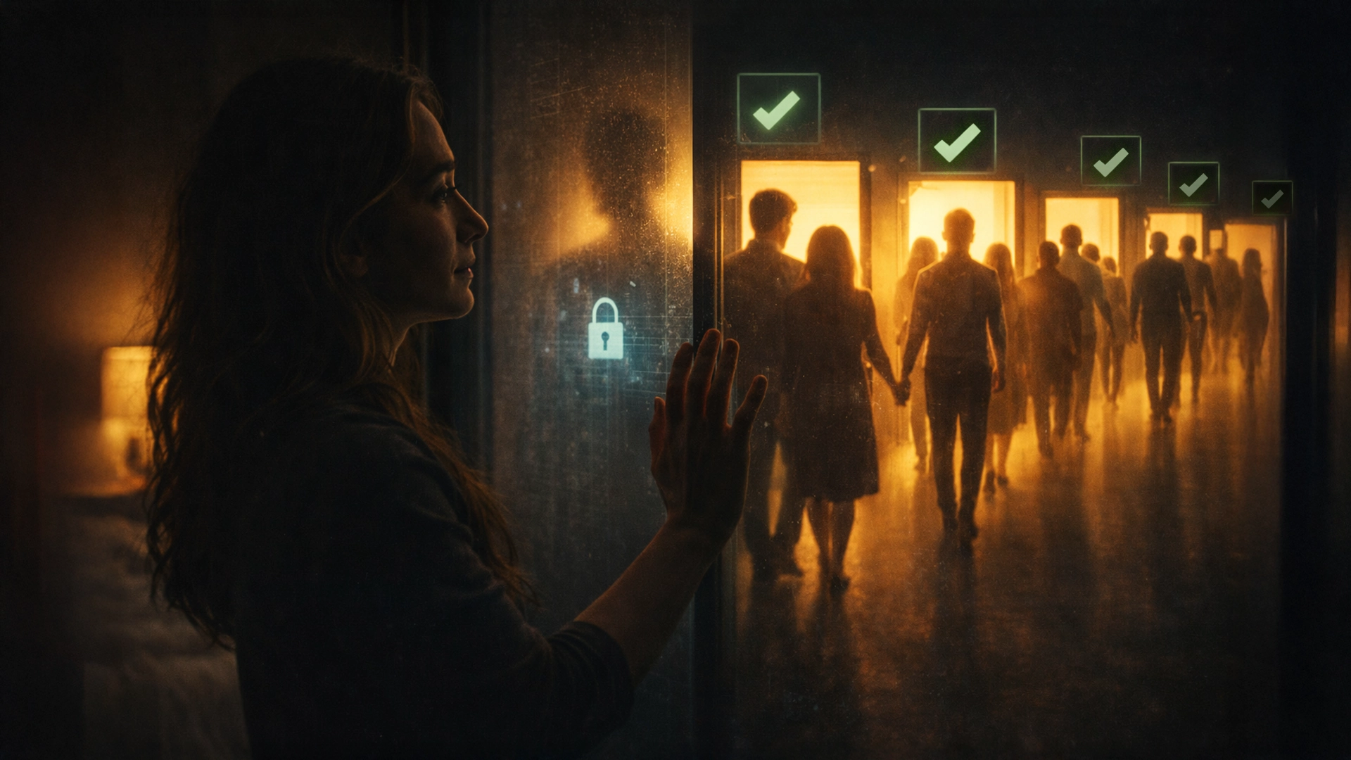 Woman separated by glass from a line of people granted access through illuminated checkpoints, symbolizing unequal treatment, selective approval, and systems that exclude individuals while justifying moral responsibility.