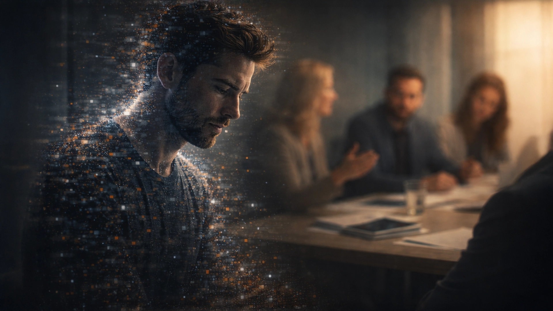 A man sits apart from a group meeting, looking down with a troubled, introspective expression. His figure appears to dissolve into floating digital particles, blending with a dark, softly lit background. Behind him, three people sit at a conference table in discussion, slightly out of focus, highlighting his sense of isolation.