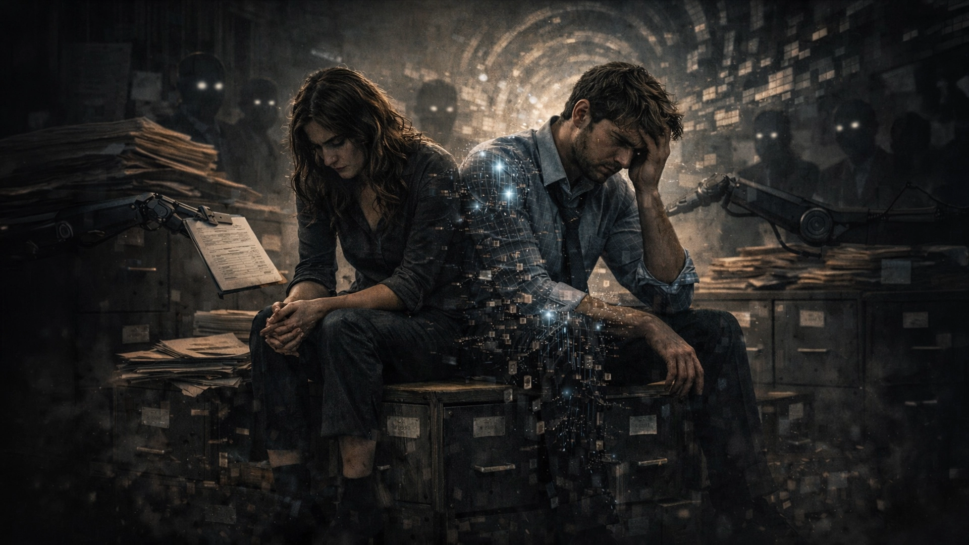 A dystopian sci-fi illustration of a stressed man and woman sitting back-to-back in a dark office, surrounded by paperwork, robotic arms, and shadowy figures, as the man dissolves into glowing digital particles and a swirling data vortex looms behind them.