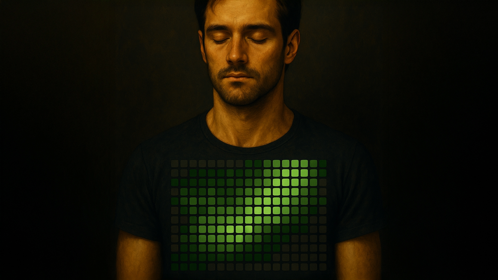 A visual metaphor for cognitive sovereignty: a man in calm introspection, with a glowing grid on his chest representing the internal cultivation of memory, identity, and volition.