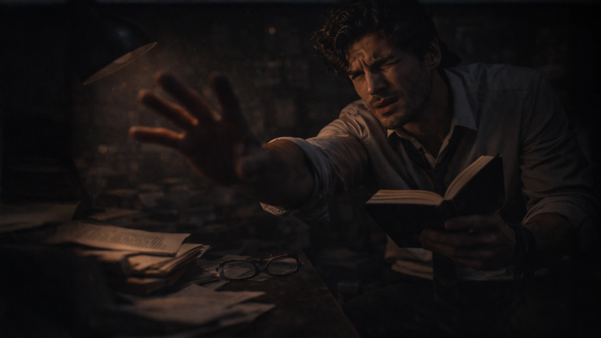 Frustrated man in dim light reaches toward the camera while holding an open book at a cluttered desk, symbolizing lost information, deleted conversations, and blocked access to files.