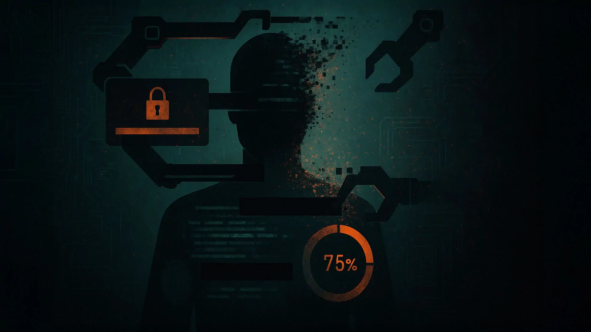 A silhouetted figure in a cyberpunk setting disintegrates into glowing pixelated fragments, while robotic arms and digital overlays display a padlock symbol and a 75% progress ring, evoking the concept of enforced self-erasure against a dark, code-textured background.