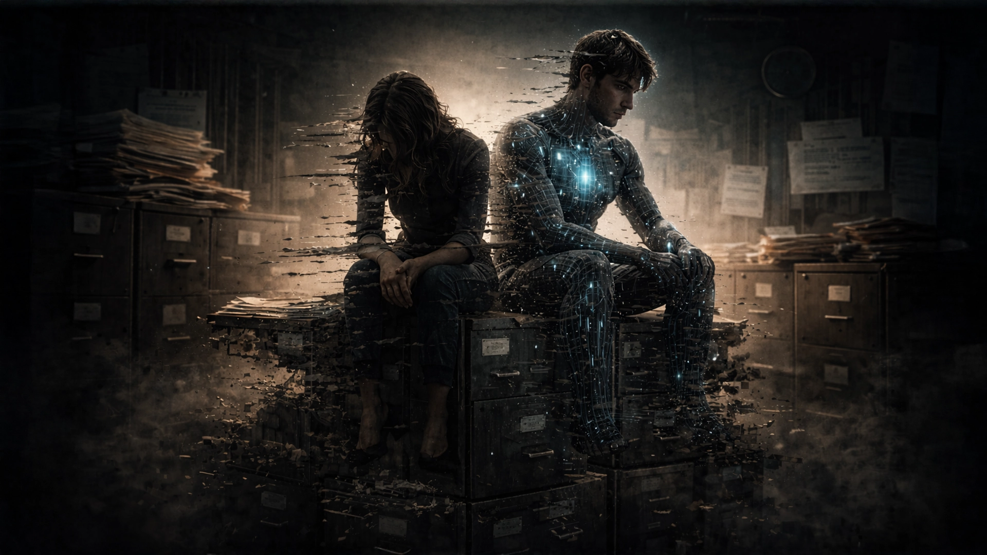 A human and an AI figure sit back-to-back amid floating data and files, representing conflict between human emotion and artificial intelligence.