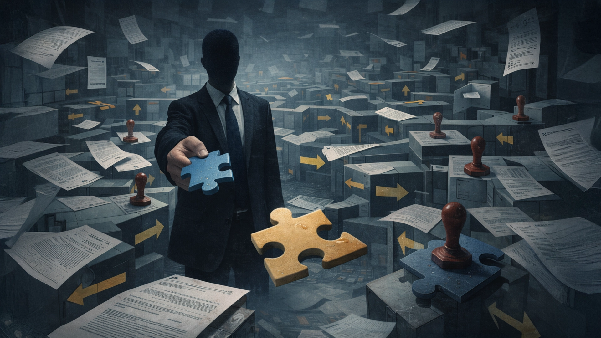 Faceless figure in a suit holds out a blue puzzle piece in a maze of boxes and arrows, while stamped documents and loose papers swirl, symbolizing opaque bureaucracy and policy confusion.
