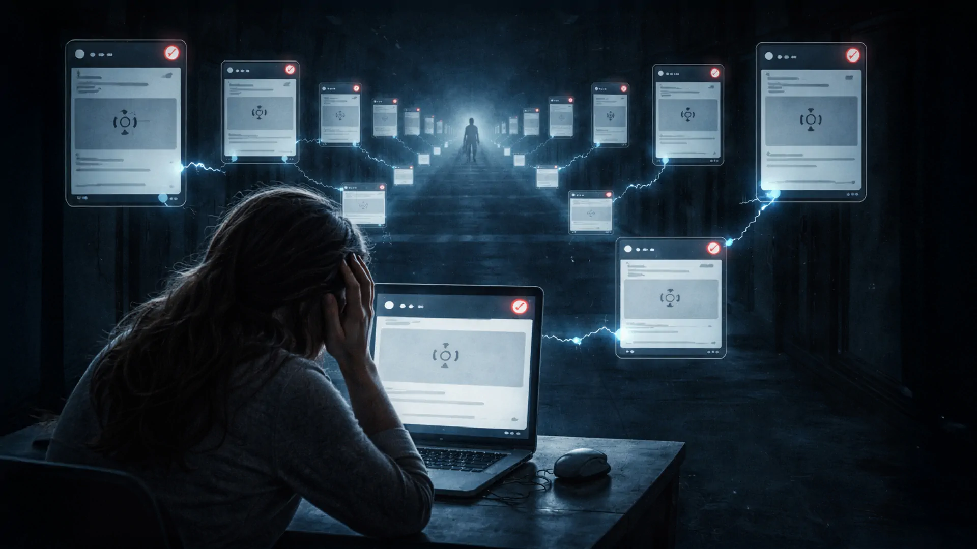 Person holding their head at a laptop while multiple app windows float in a dark corridor linked by electric lines, conveying endless support tickets, automated replies, and being denied human help.