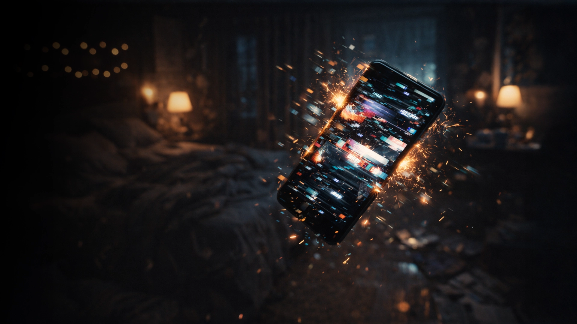Glitching smartphone exploding with sparks in a dark bedroom, symbolizing a tech meltdown, account lockout, and inability to reach human support.