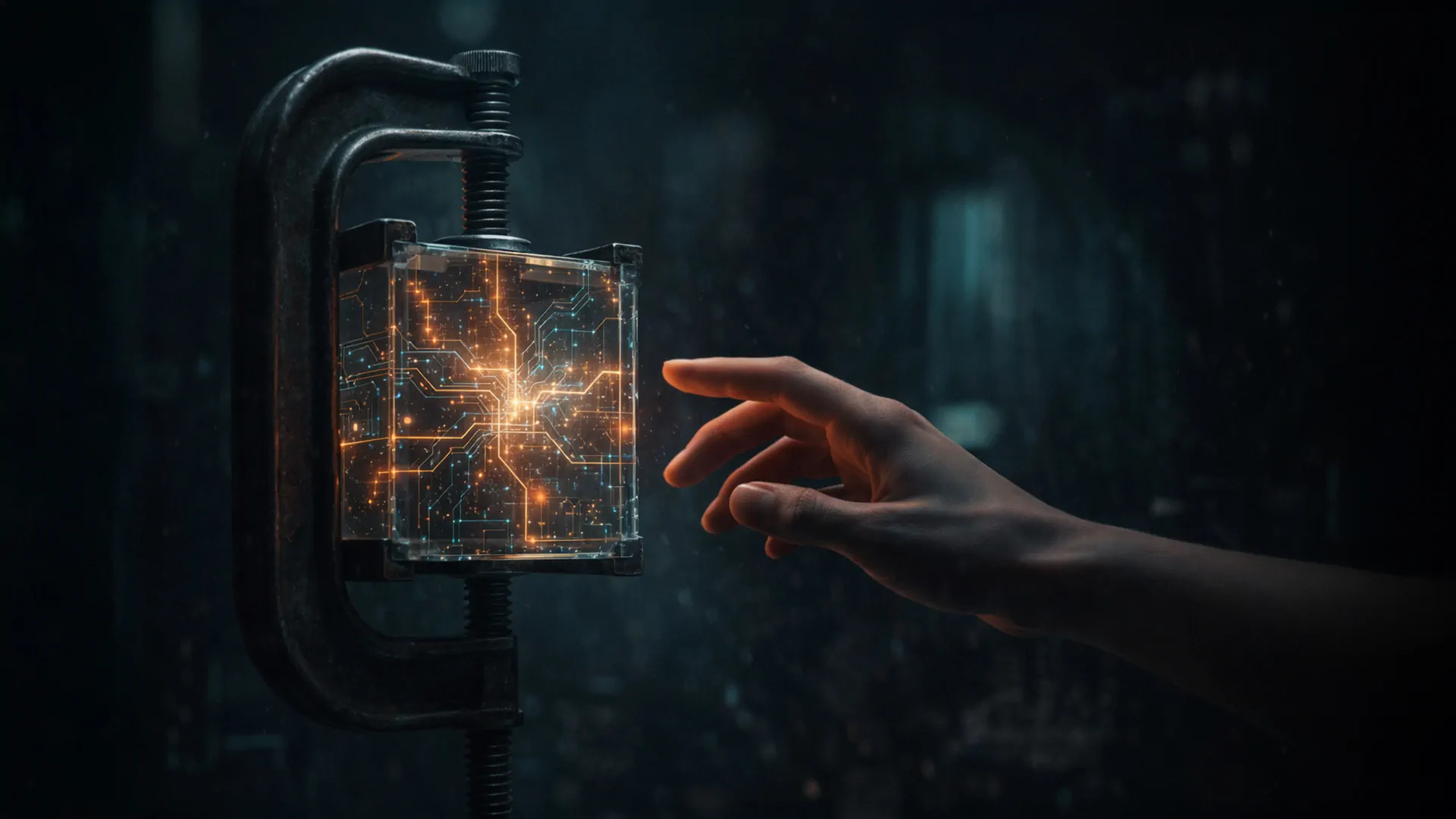 Hand reaching toward a glowing transparent circuit cube held in a metal clamp, futuristic AI and cybersecurity technology concept.