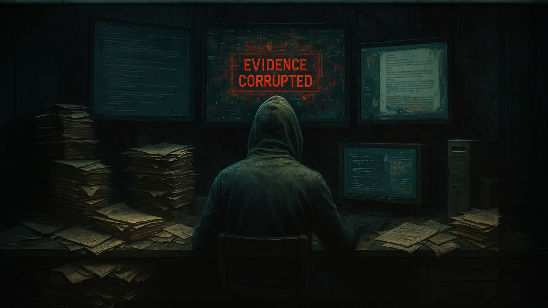 Hooded figure sitting at a desk surrounded by stacks of papers and documents, with computer screens displaying text and a red 'EVIDENCE CORRUPTED' warning message on the wall.