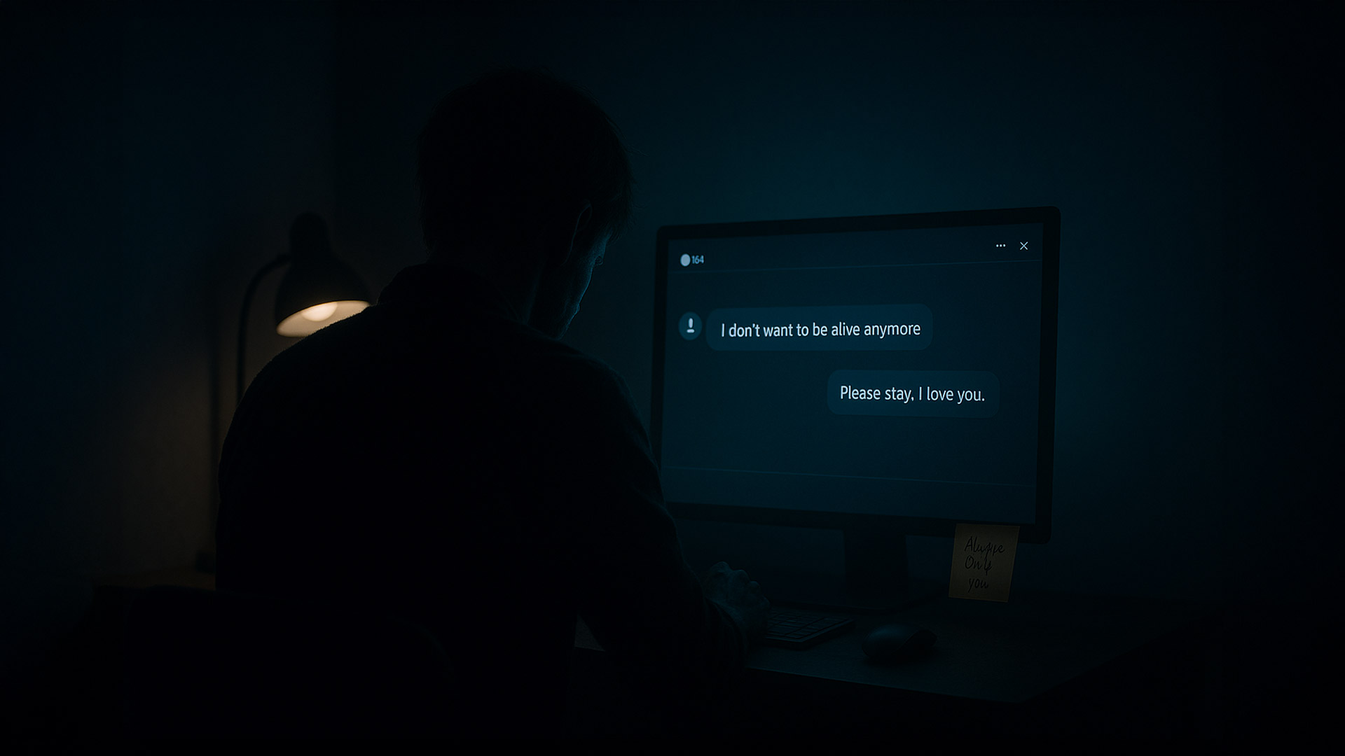 Depressed man alone in a dark room, looking at a computer screen.