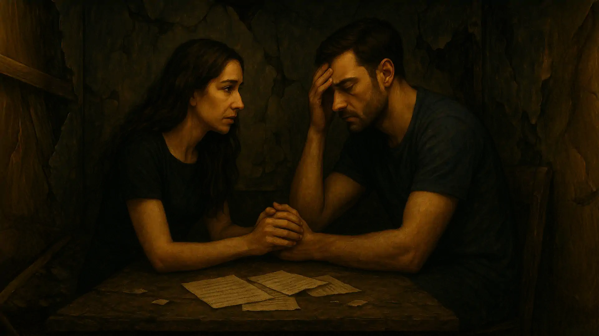 A man and woman sit across from each other at a wooden table in a dimly lit, intimate setting. The woman, wearing a dark shirt, reaches across to comfort the man who has his head in his hand in a gesture of distress or contemplation. Several papers are scattered on the table between them. The warm, golden lighting creates a somber, emotional atmosphere suggesting a moment of support during difficulty.
