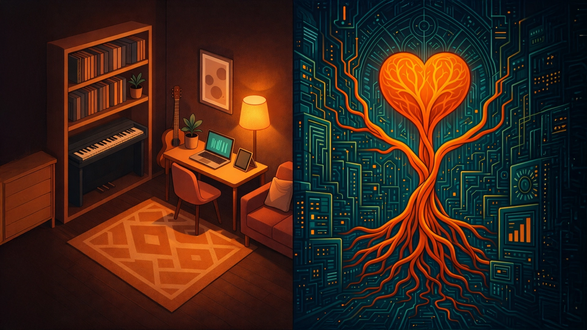 Split-panel illustration⁠—left: a warm, cozy home-studio with a bookshelf-piano, guitar, desk laptop, and sofa; right: a futuristic teal cityscape where a glowing orange heart-shaped tree grows, its roots merging into circuit-like buildings.