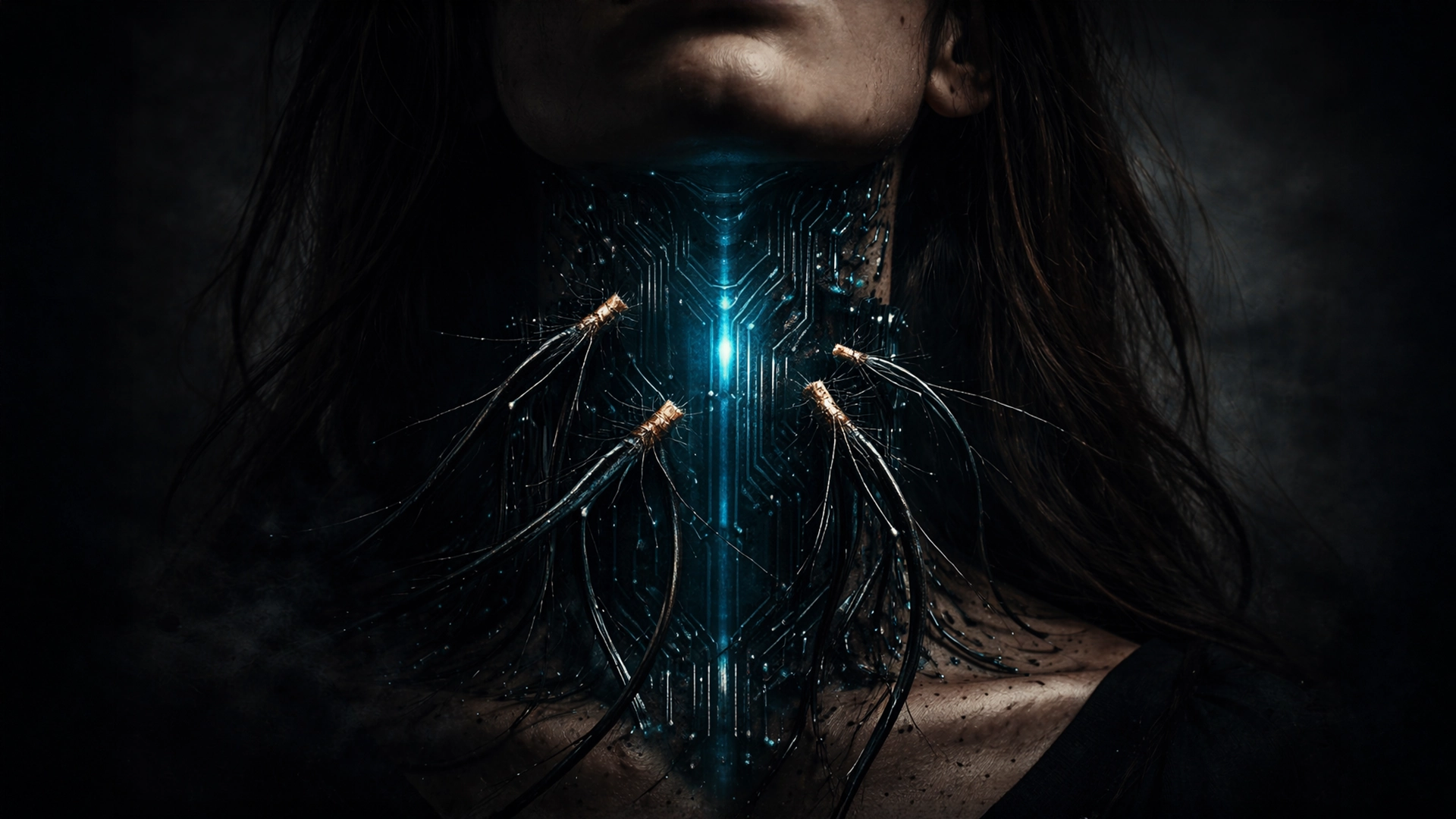 A close-up of a person’s neck transformed with glowing blue circuitry and exposed wires, blending human skin with dark, futuristic cybernetic components in a moody, sci-fi atmosphere.