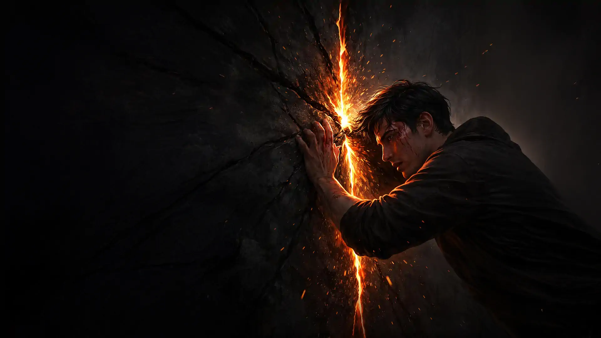 Man breaking through a wall with his bare hands