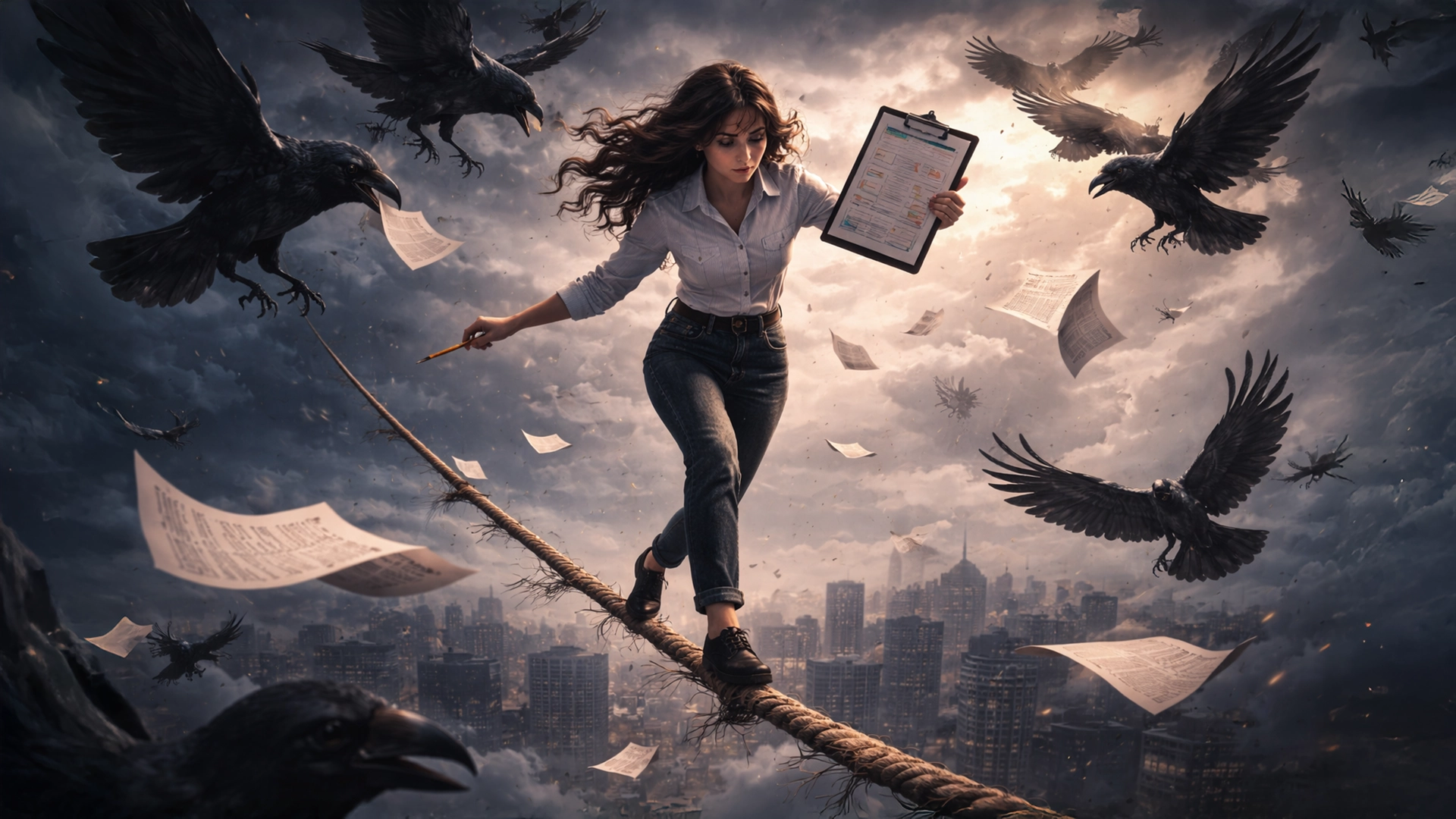 Woman balancing on a tightrope above a city skyline, holding a clipboard as papers fly and black crows swirl in storm clouds, symbolizing navigating bureaucracy and pressure.