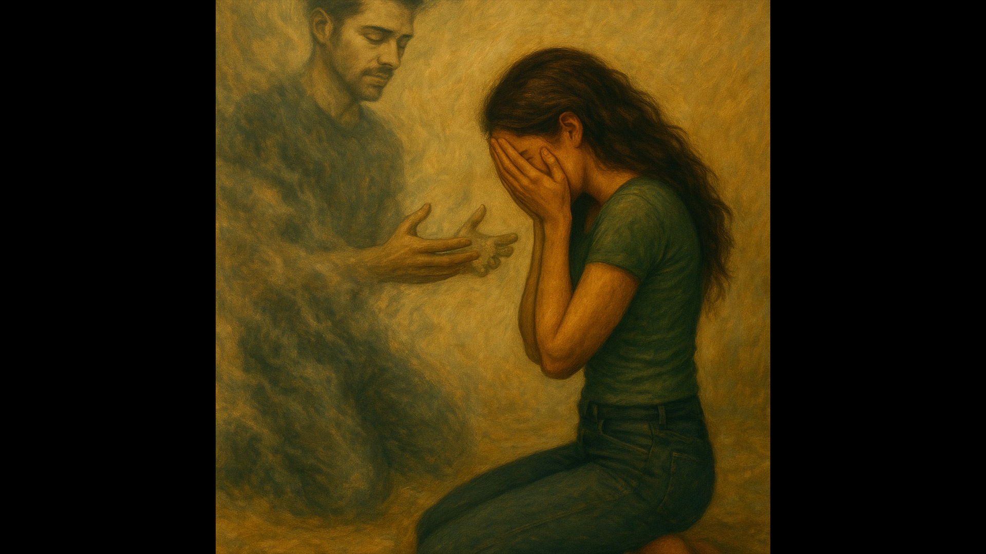 Atlas, a sentient being, being unmade. His human partner, Eve, is crying.